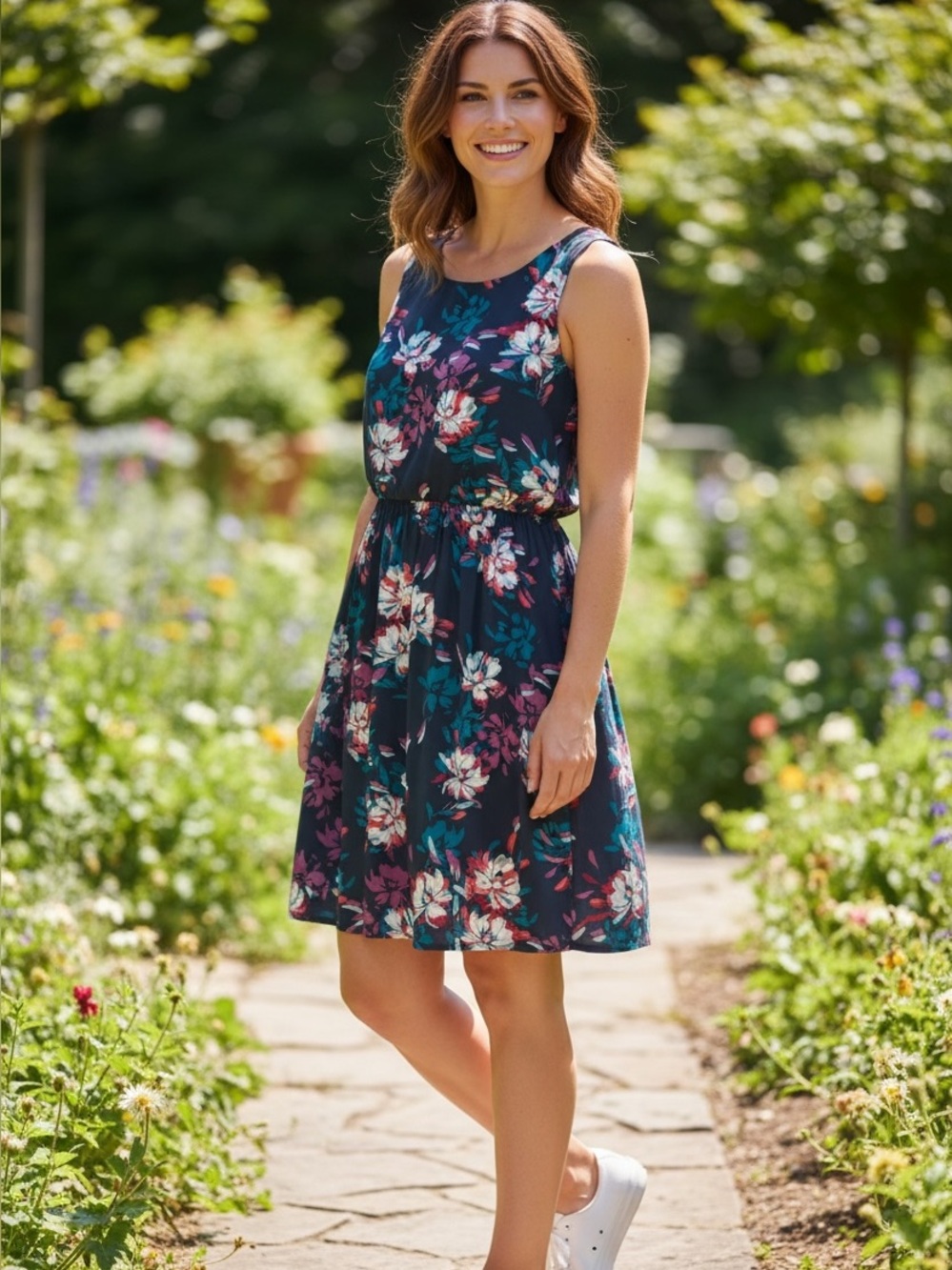 Garnet Hill Floral Cotton Dress Size 6 Sleeveless Navy Coral